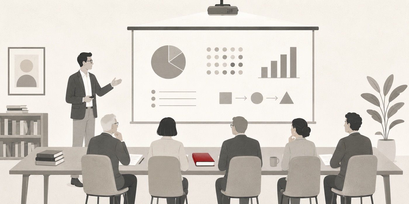 Flat, muted editorial illustration of a doctoral thesis defence: a graduate student presents projected charts to five seated professors, a ceiling projector casting light on the screen and a crimson-bound dissertation on the table.