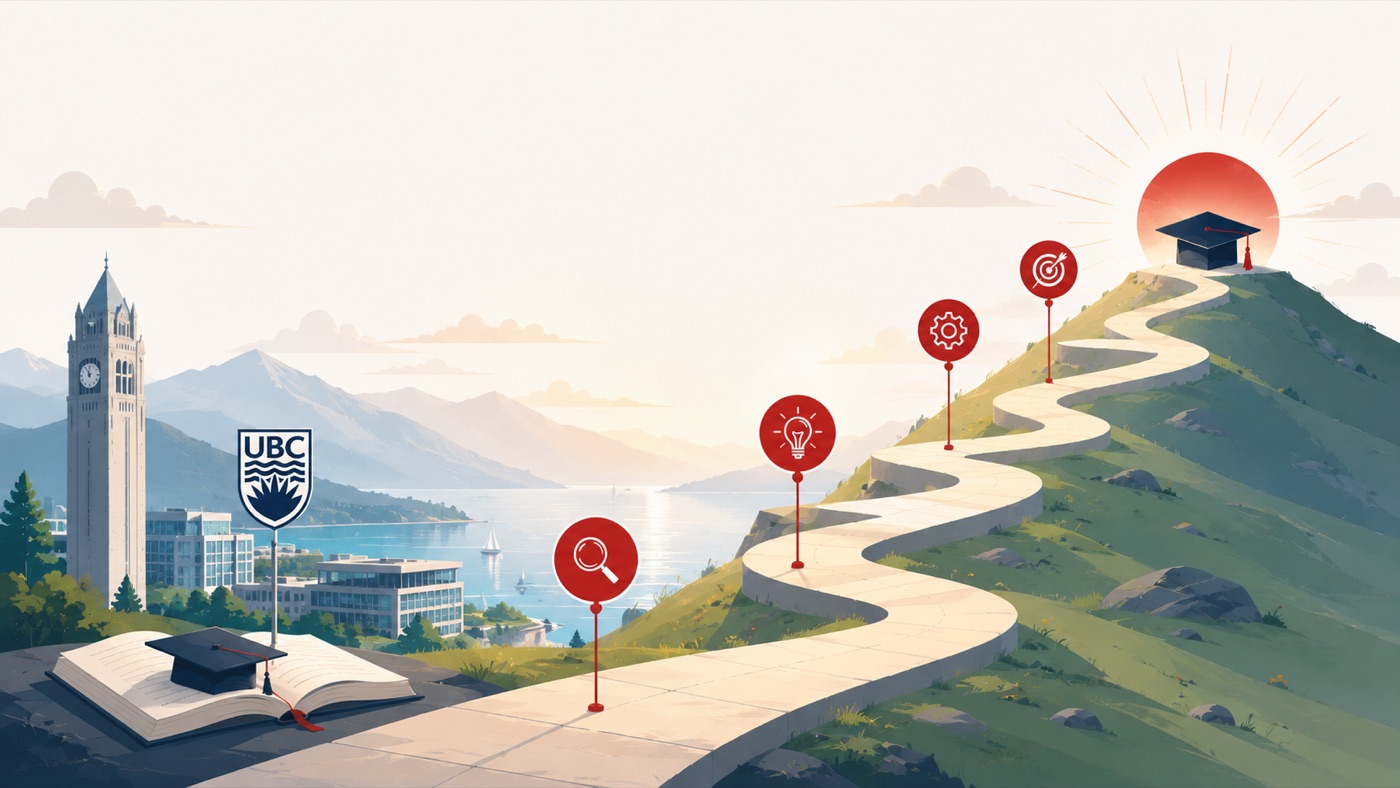 Illustration of a winding road climbing a mountain past crimson research milestones toward a doctoral cap at the sunlit summit, with the UBC clock tower and campus below.